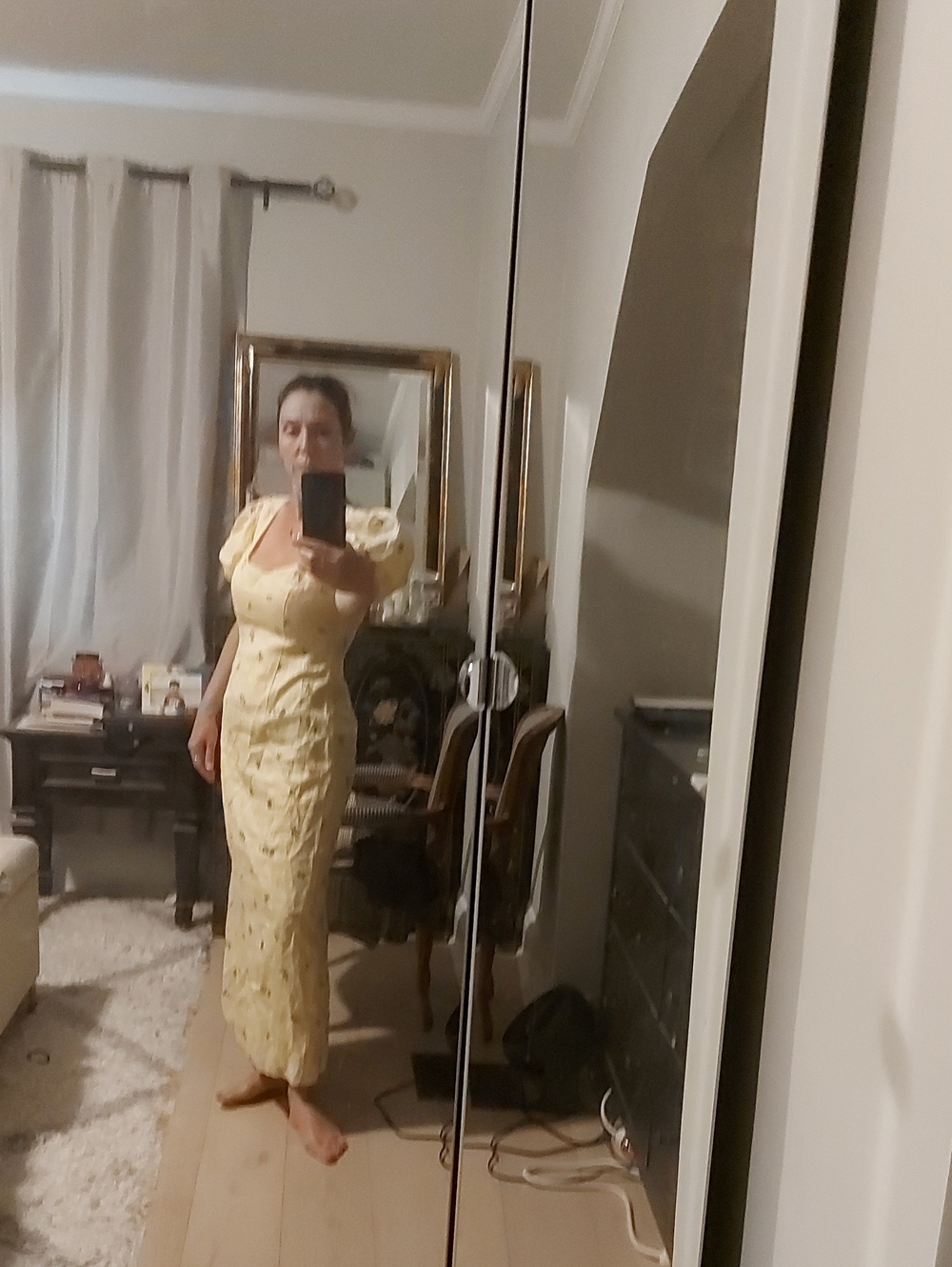 Elegant Yellow Floral Maxi Dress with Puff Sleeves